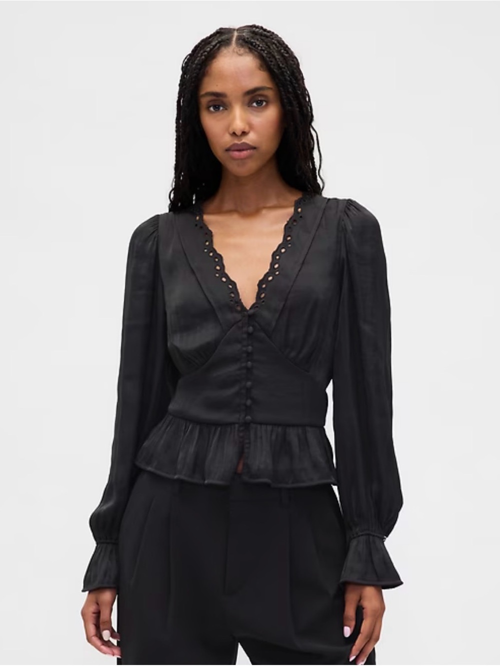 GAP Black V-Neck Peplum Button-Front Blouse